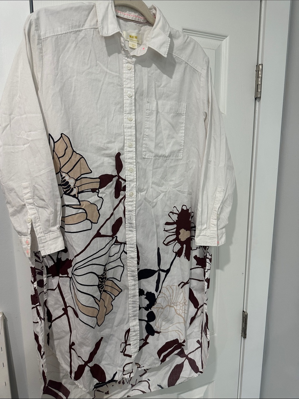 Maeve Anthropologie White Button-Front Floral Shirt Dress  / swim coverup cotton
